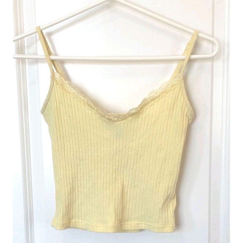 HM Divided Yellow Tank Top Cropped Cami Size S Ribbed Lace Trim Adjustable Strap